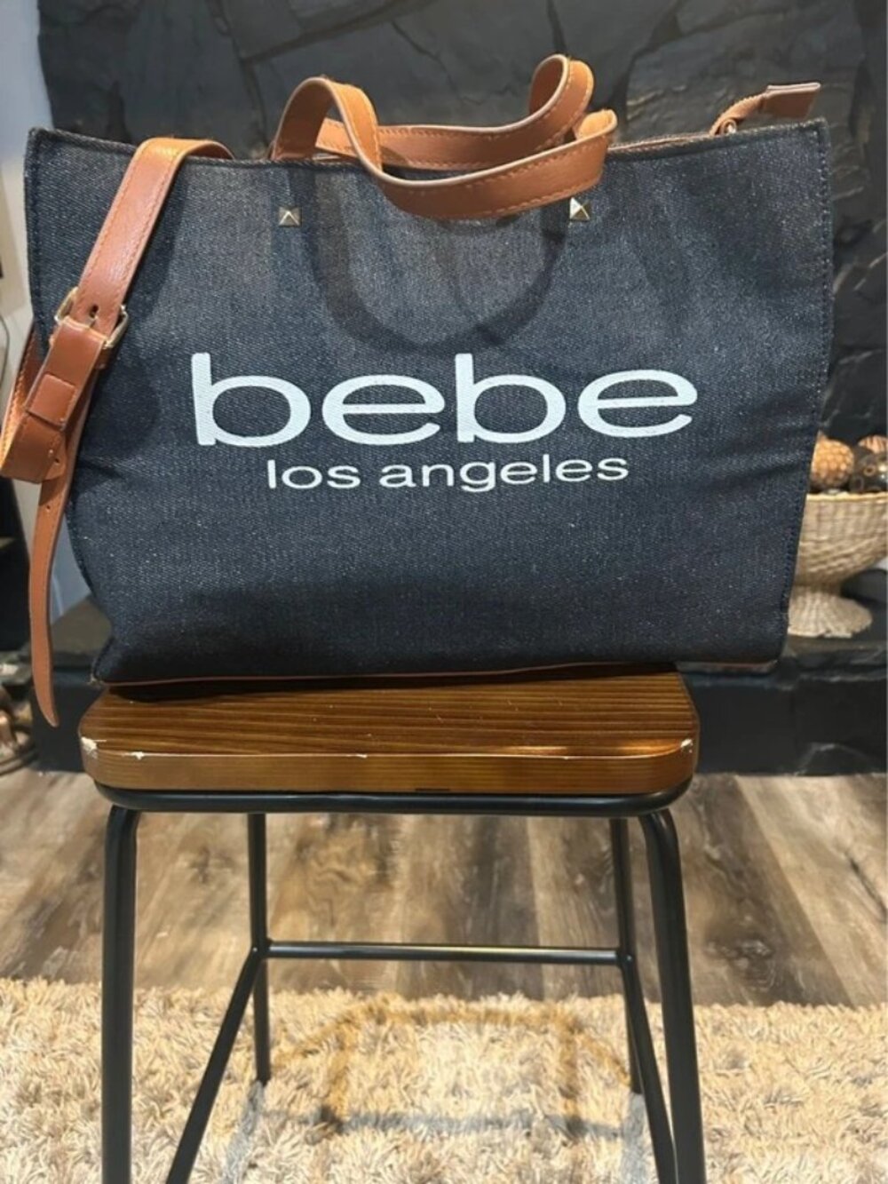 bebe Black Denim Tote with Brown Straps